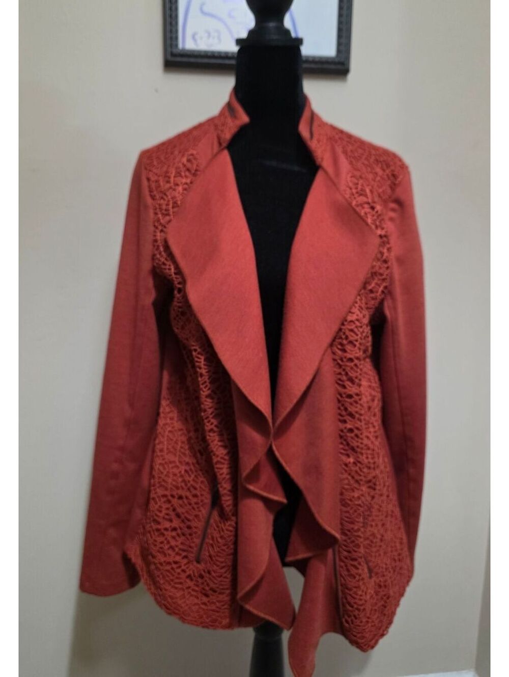 Rachel Cole Women's Large Rust Orange Open Front Cardigan with Lace Detail